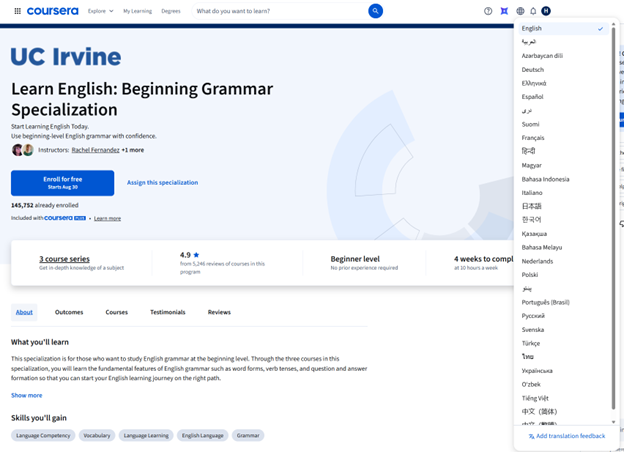 Coursera language and subtitle options
